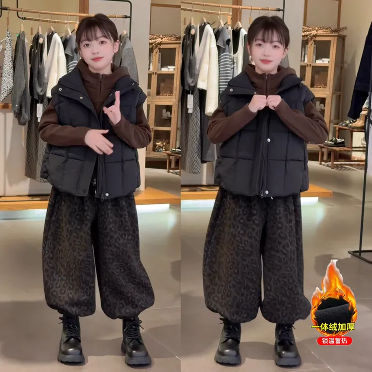 女童秋冬新款时尚黑色棉马甲加绒休闲帽衫时髦加绒豹纹裤潮