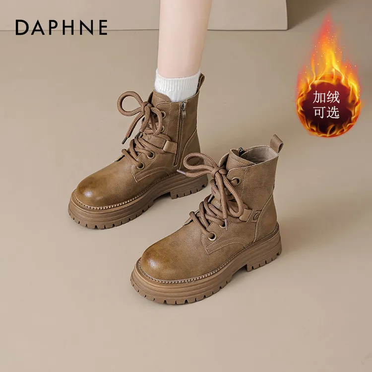 达芙妮厚底马丁靴女2025秋冬加绒加厚保暖大黄靴复古百搭棕色短靴