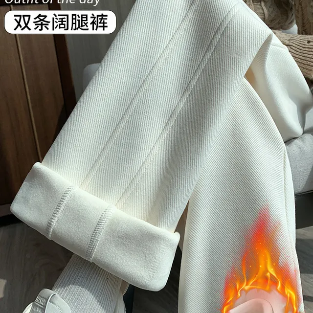 2025秋冬高腰香蕉裤窄版褶皱羊毛衬里加厚直筒运动裤