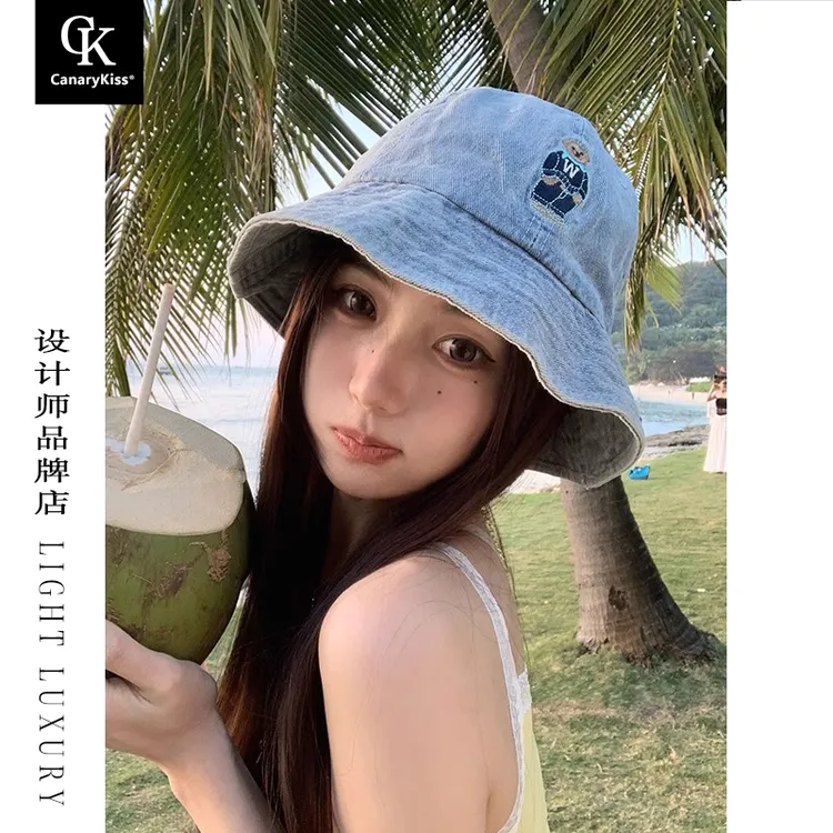 Canary Kiss小熊牛仔渔夫帽女秋季大头围防晒盆帽显脸小水桶帽子