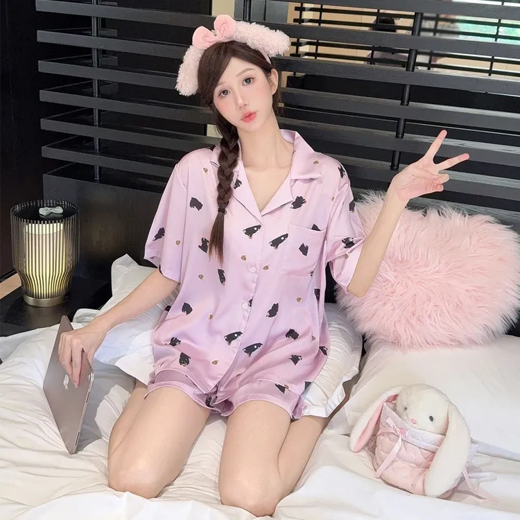 睡衣女夏季薄款小翻领短袖短裤韩版冰丝甜美风少女学生家居服套装