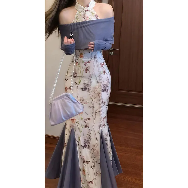 套装女2025秋季新款新中式设计感挂脖旗袍连衣裙一字肩针织上衣