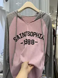 美式1988字母提花时尚百搭撞色连帽抽绳套头女士上衣长袖040922