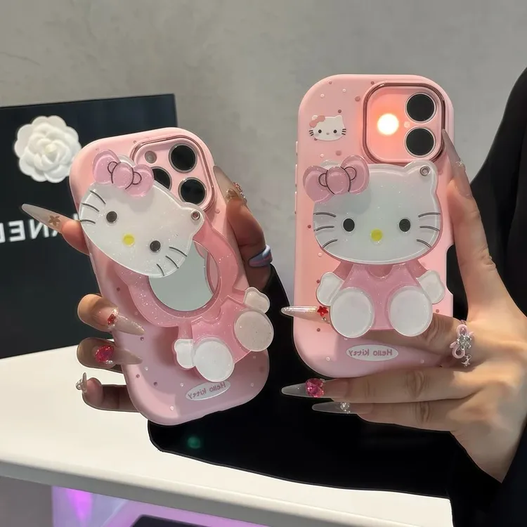 少女粉kitty镜子支架适用17苹果16手机壳iPhone15小米vivoppo华为