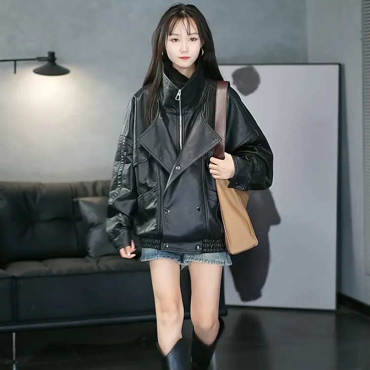 皮衣外套女2025秋冬新款YS*L同源羊羔泡皮复古立领宽松廓形皮夹克