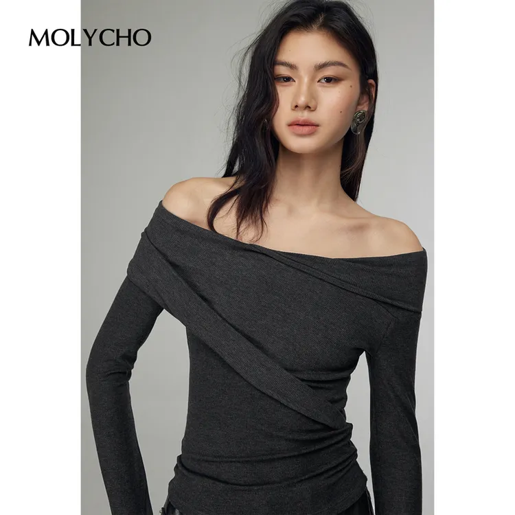 MOLYCHO设计感一字肩长袖T恤女春季纯欲风修身显瘦打底衫收腰上衣
