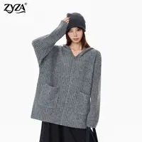 ZYZA灰色连帽针织开衫女秋冬新款复古拉链设计感毛衣外套打底上衣