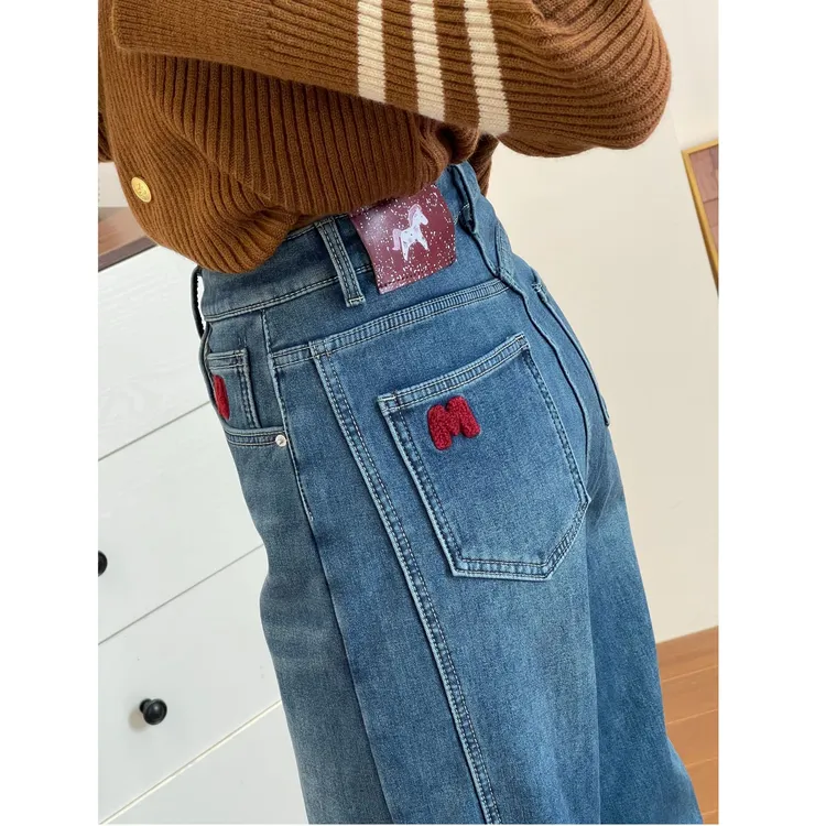 马年限定~！冬季加绒加厚窄版阔腿裤女小个子遮胯显瘦直筒牛仔裤子