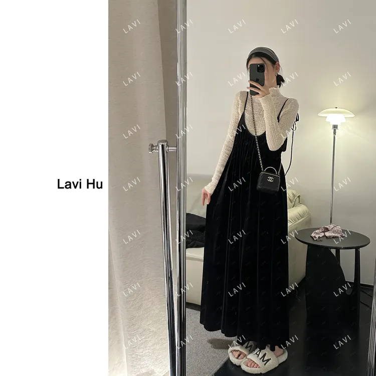 暗夜流光 无袖时尚黑色丝绒吊带长裙2594