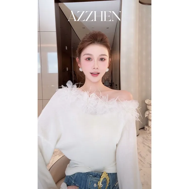 AZZHEN【繁花世界】羽毛拼接斜肩针织仙气温柔打底AZ5NBS11-ZS