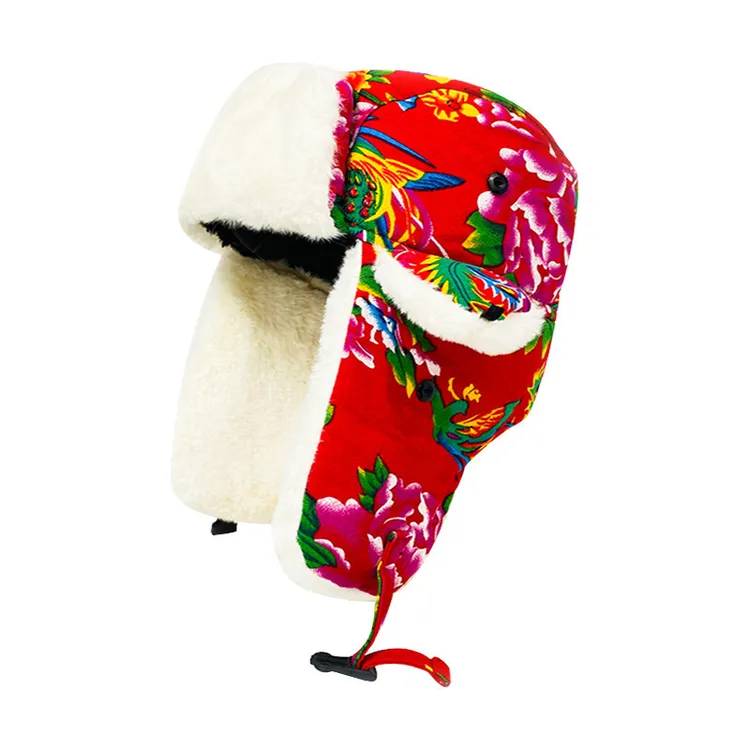 东北花布雷锋帽女冬天加厚防风骑车护耳套头帽网红街头潮流毛绒帽