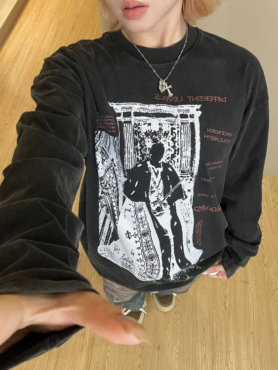 【国王】美式休闲设计感小领口宽松字母国王印花长袖T恤hiphop