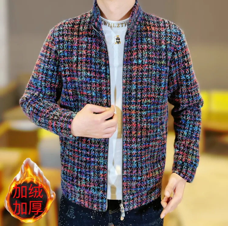 2025秋冬新款男士时尚百搭加绒加厚双拉链开衫针织提花夹克外套