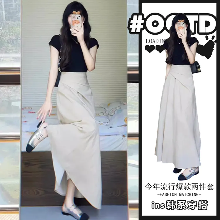 今年流行炸街减龄两件套裙小众黑色上衣a字长款半身裙时尚套装夏