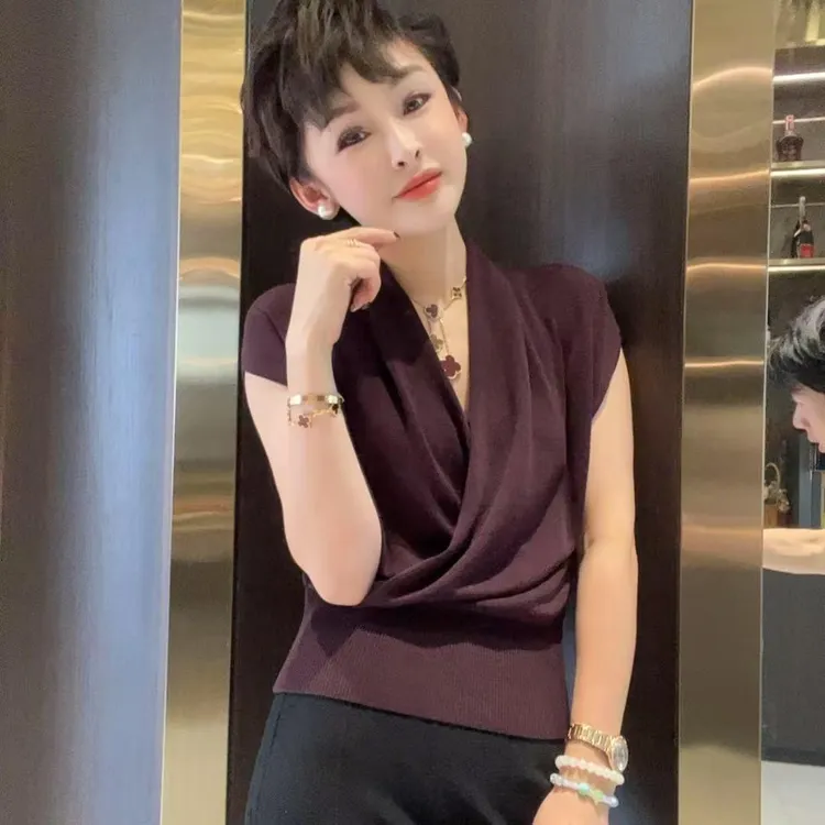 法式紫色褶皱V领短袖针织衫女夏季薄款时尚显瘦休闲洋气减龄上衣