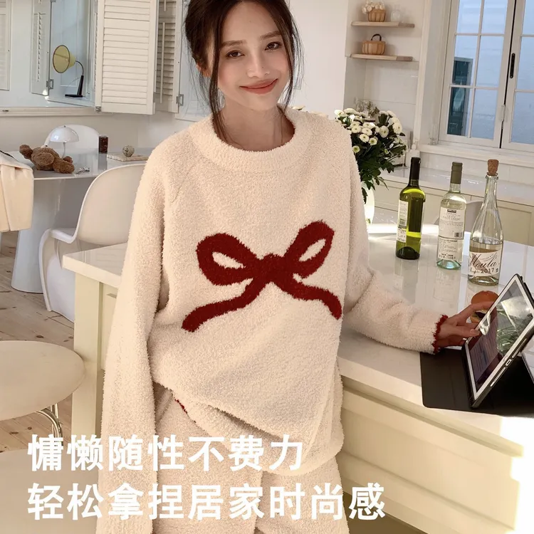半边绒冬季睡衣套装保暖宽松加绒加厚家居服显瘦秋冬款软绵绵口袋