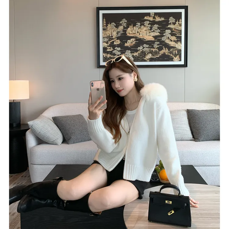 10.10新品本希benxe/暮光柔色 慵懒风真狐狸毛毛连帽针织开衫