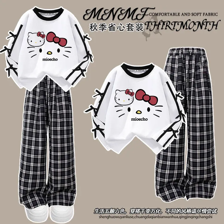 HelloKitty女童拼接长袖格子裤套装春秋新款韩版中大童百搭两件套