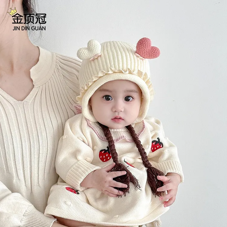 婴儿帽子秋冬款女宝宝可爱洋气辫子帽冬季保暖女童针织公主毛线帽