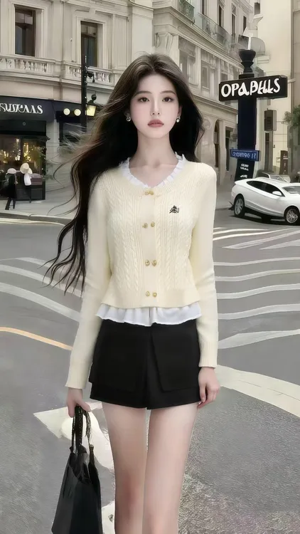 秋季新款温柔风杏色圆领长袖单排扣设计针织上衣+黑色百搭短裤女