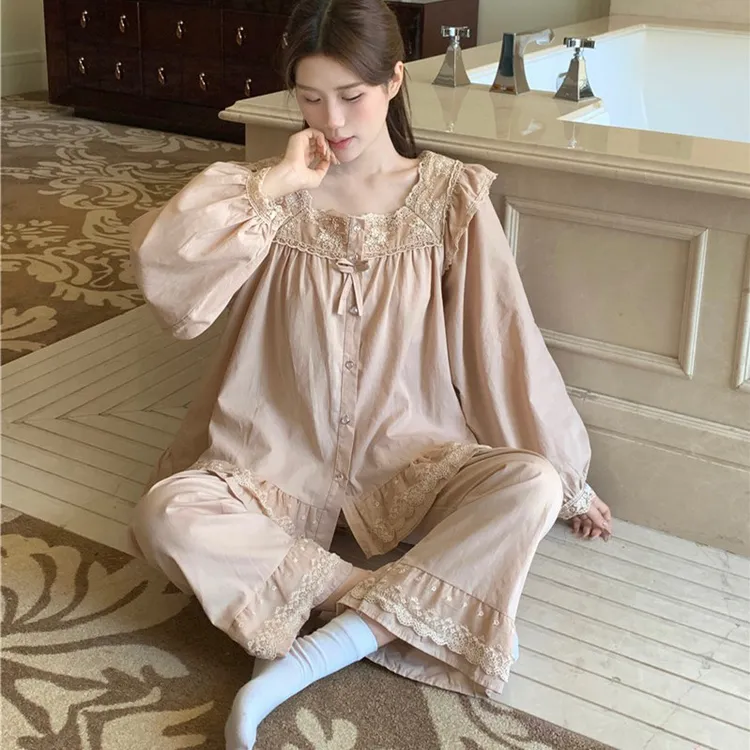 法式甜美宫廷风花边长袖纯棉睡衣女春秋季可外穿家居服两件套新款