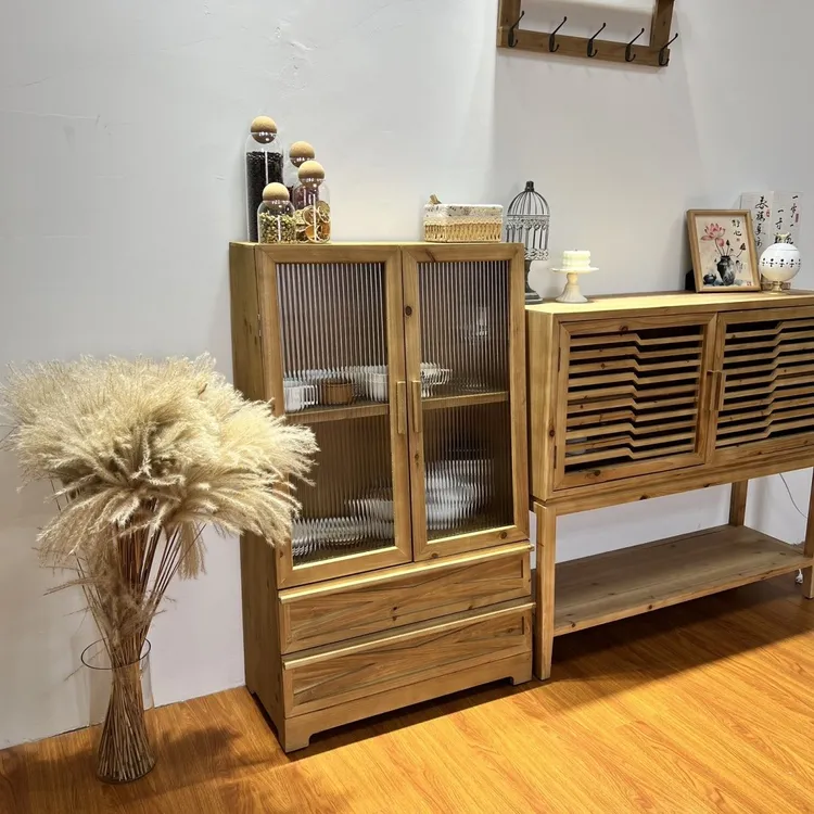美式原木风餐边柜客厅装饰柜复古收纳柜玄关柜田园斗柜玻璃双门柜