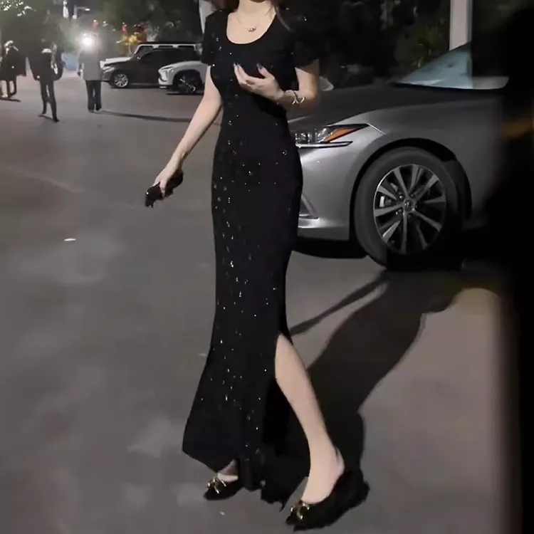 大婷婷2025新款纯欲钻钻收腰短袖时尚显瘦开叉性感法式气质长裙