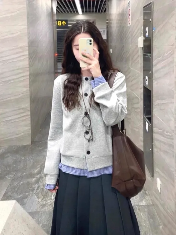 原野的空间假两件格子开衫卫衣女春秋款休闲宽松长袖上衣外套女