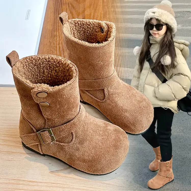 小黄鸭女童靴子二棉加绒勃肯马丁靴2025冬季款儿童棉鞋防滑雪地靴