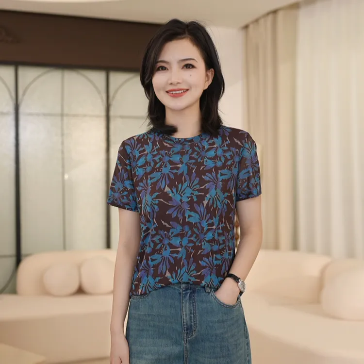 枫竺阿楠anan 气质弹力网纱印花圆领短袖T恤女夏季显瘦百搭上衣