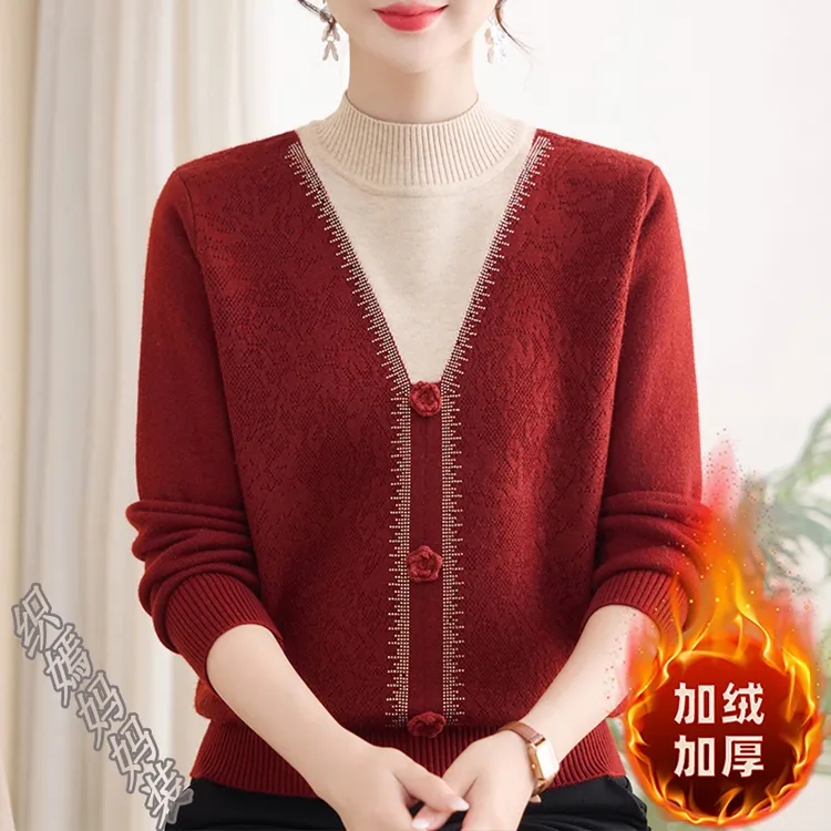 妈妈冬装加绒加厚红色半高领针织打底衫中老年女装一体绒保暖上衣