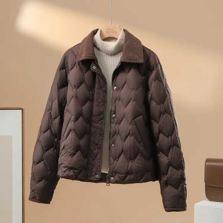 90白鸭绒轻薄羽绒服女短款2025冬季新款小香风宽松翻领设计感外套