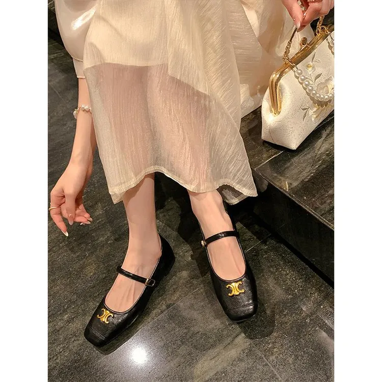 羊皮版！法式小皮鞋女一字带方头鞋女平底春秋瓢鞋豆豆鞋内增高
