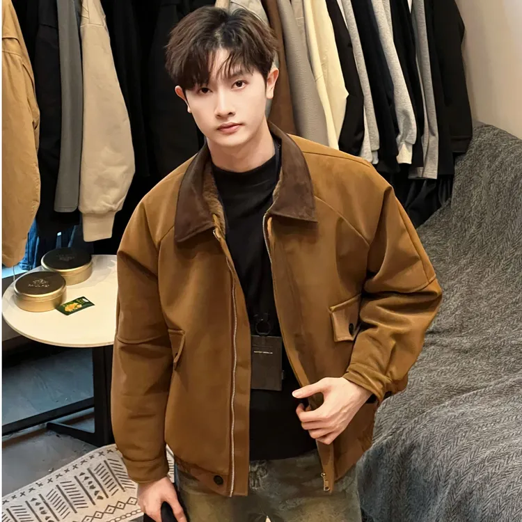 美拉德冬季加厚加绒棉衣皮夹克保暖座山雕外套男短款休闲复古宽松