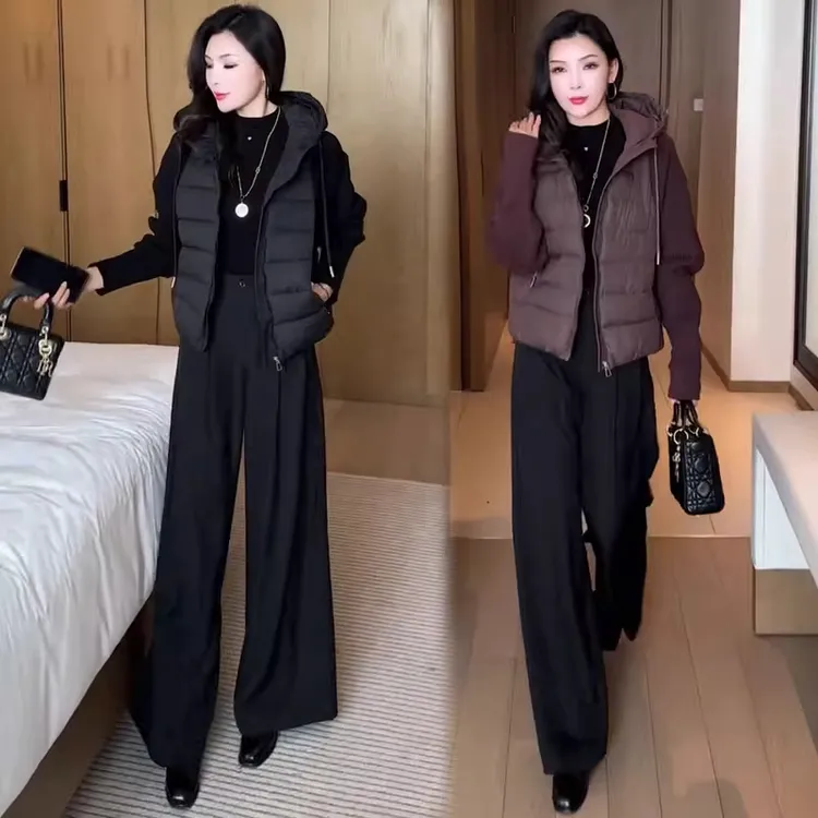 针织拼接棉衣外套女今年流行冬季时髦洋气宽松连帽加厚短款棉袄潮