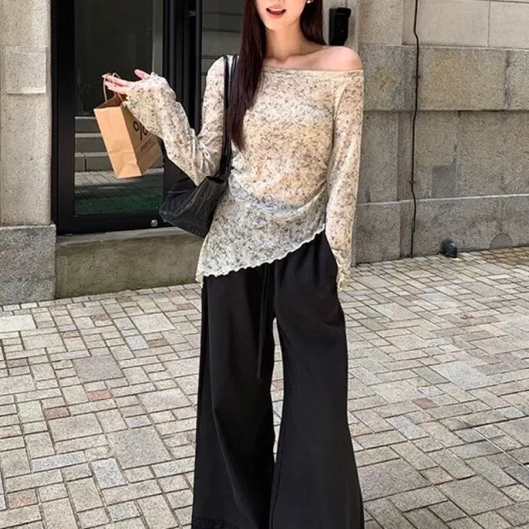 秋季高级感斜肩晕染复古开叉设计气质不规则下摆上衣小衫