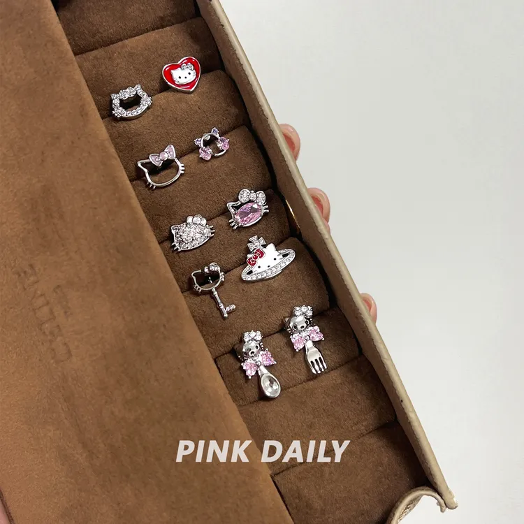 钛钢耳饰 Pink Daily满钻kitty凯蒂猫钛钢耳钉女可爱精致耳