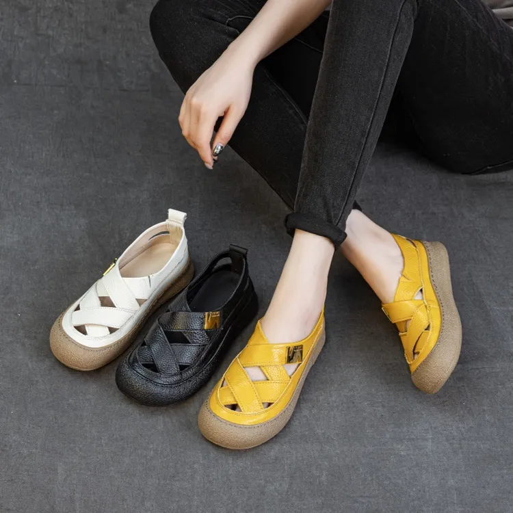 【女鞋】头层牛皮夏季新款编织女凉鞋平跟软底宽松舒适包头镂空鞋