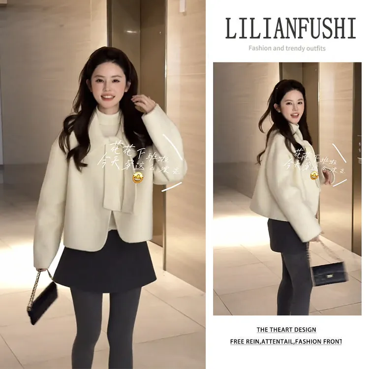 韩系穿搭2025秋冬新款宽松长袖外套百搭纯色打底衫显瘦短裙三件套