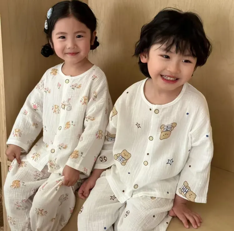 25款儿童韩版纱布家居服中大童开衫卡通儿童服装纯棉男童秋衣秋裤