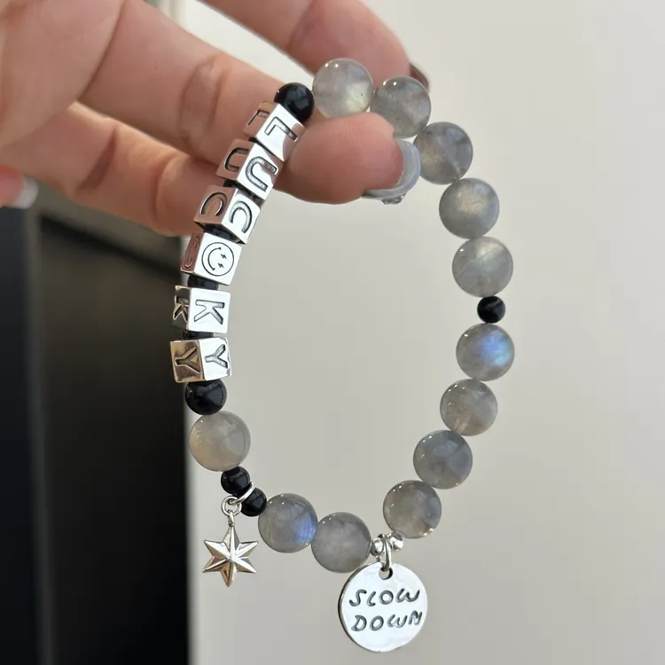 925银手链 【灰月光】原创设计时尚简约女lucky笑脸灰珠珠手链 3895