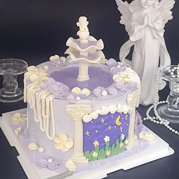 许愿池小天使生日蛋糕装饰摆件复古水柱喷泉节日烘焙装扮配件插件