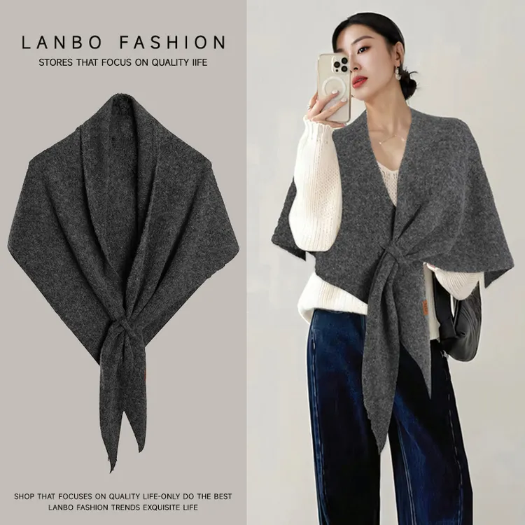 慵懒出街含羊毛三角围巾女秋冬护颈保暖围脖纯色大披肩空调房外搭