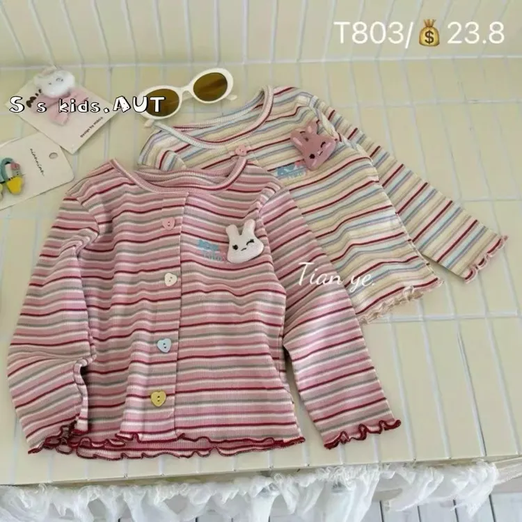 【粉红屋】甜美木耳边儿童时尚长袖上衣圆领条纹可爱兔子女童T恤