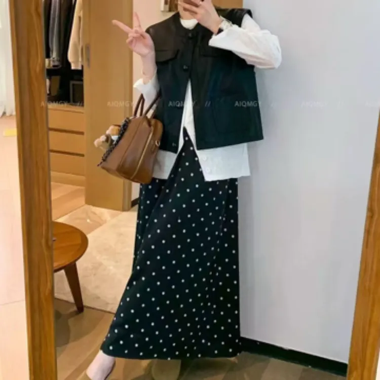 春季时尚新款大码女装高级波点半身裙无袖马甲三件套459111#