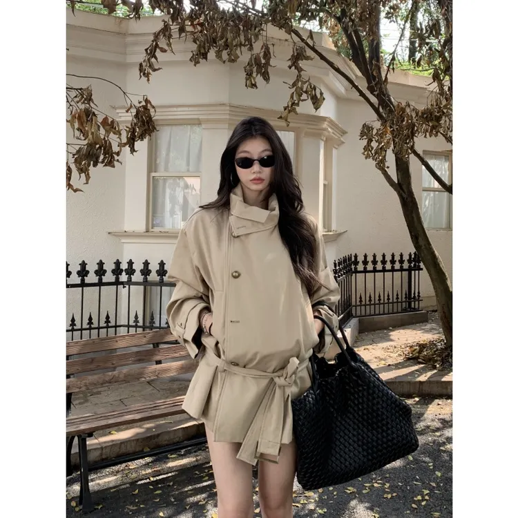 withmin凉皮 日光薄茶 辣妹秋系带立领收腰短款风衣外套2523737 