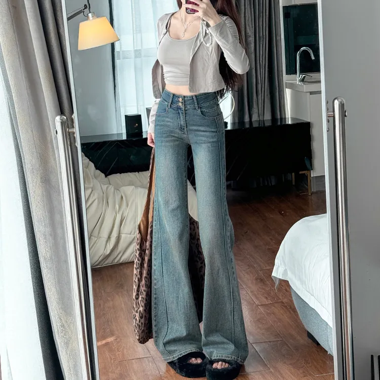 怀旧蓝微喇牛仔裤女2025秋季新款高腰显瘦显高宽松直筒百搭喇叭