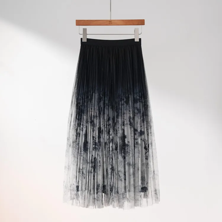 西子/【水墨烟岚】新中式国风水墨画网纱A字黑白渐变半身裙/BQTJ261