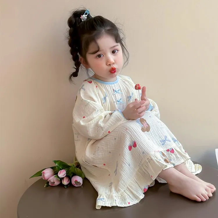 女童睡裙2025新款长袖女孩女宝宝透气儿童纱布睡衣春秋家居裙