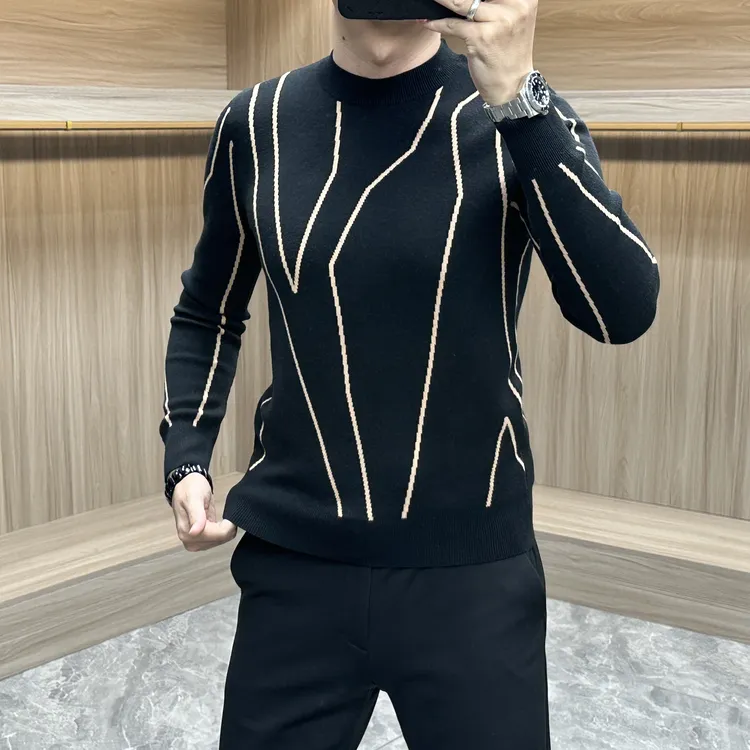 针织可机洗圆领免烫毛衣针织衫冬季提花撞色线条个性打底衫加厚潮